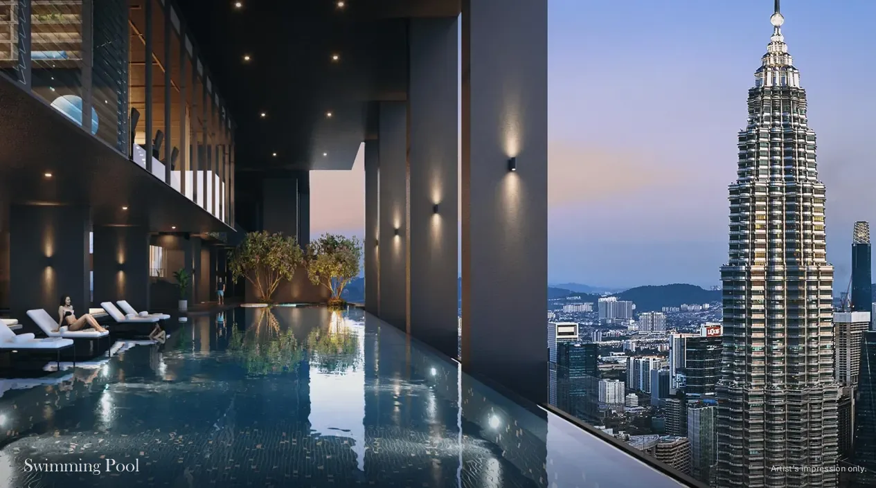 Infinity sky pool at Divine KLCC overlooking the Petronas Twin Towers at dusk