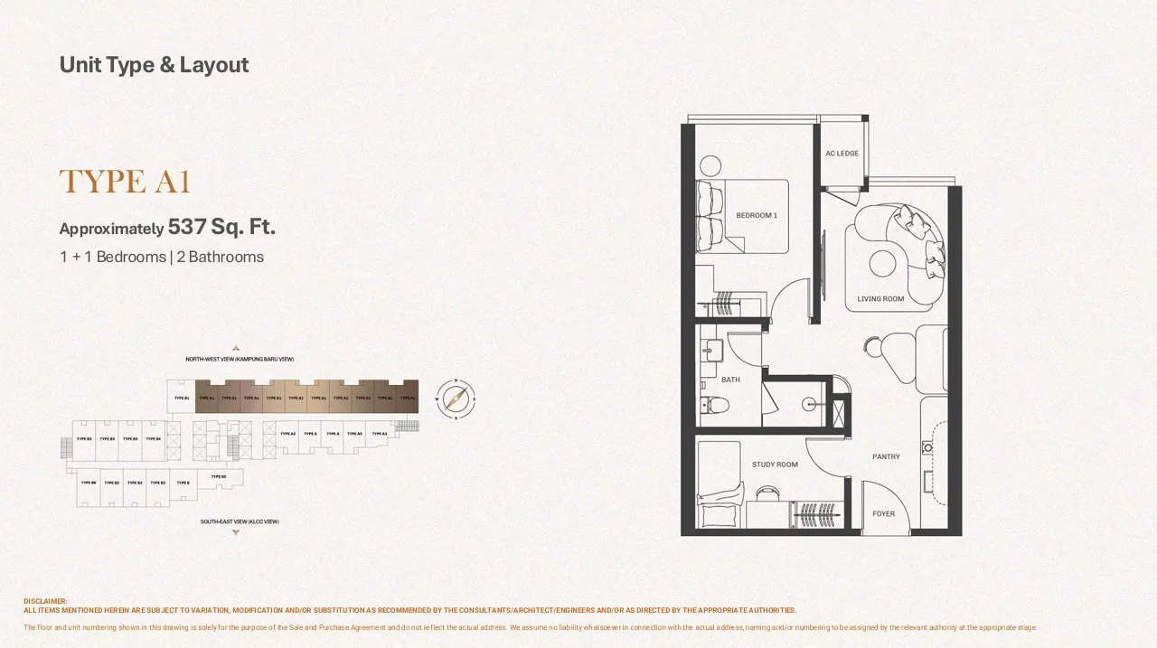 Divine KLCC Type A1 floor plan, 1+1 bedroom 537 sq ft