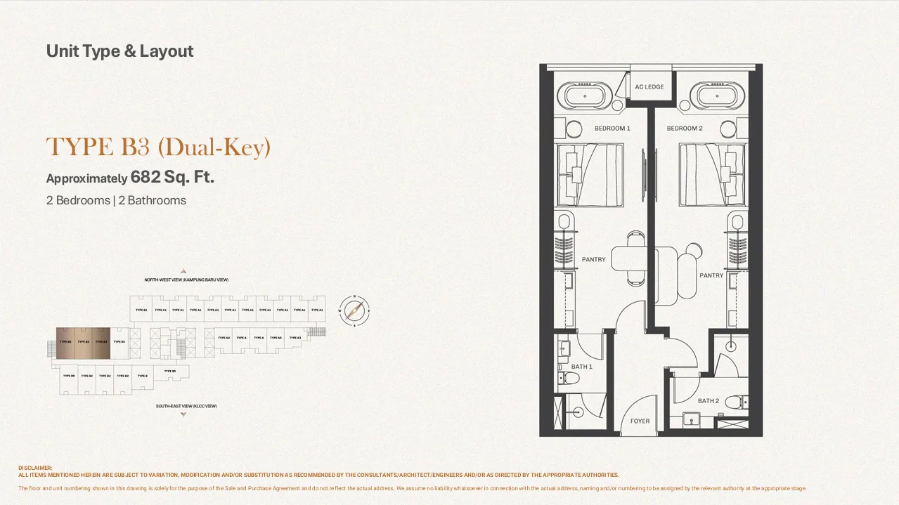 Divine KLCC Type B3 dual-key floor plan, 2 bedroom 682 sq ft