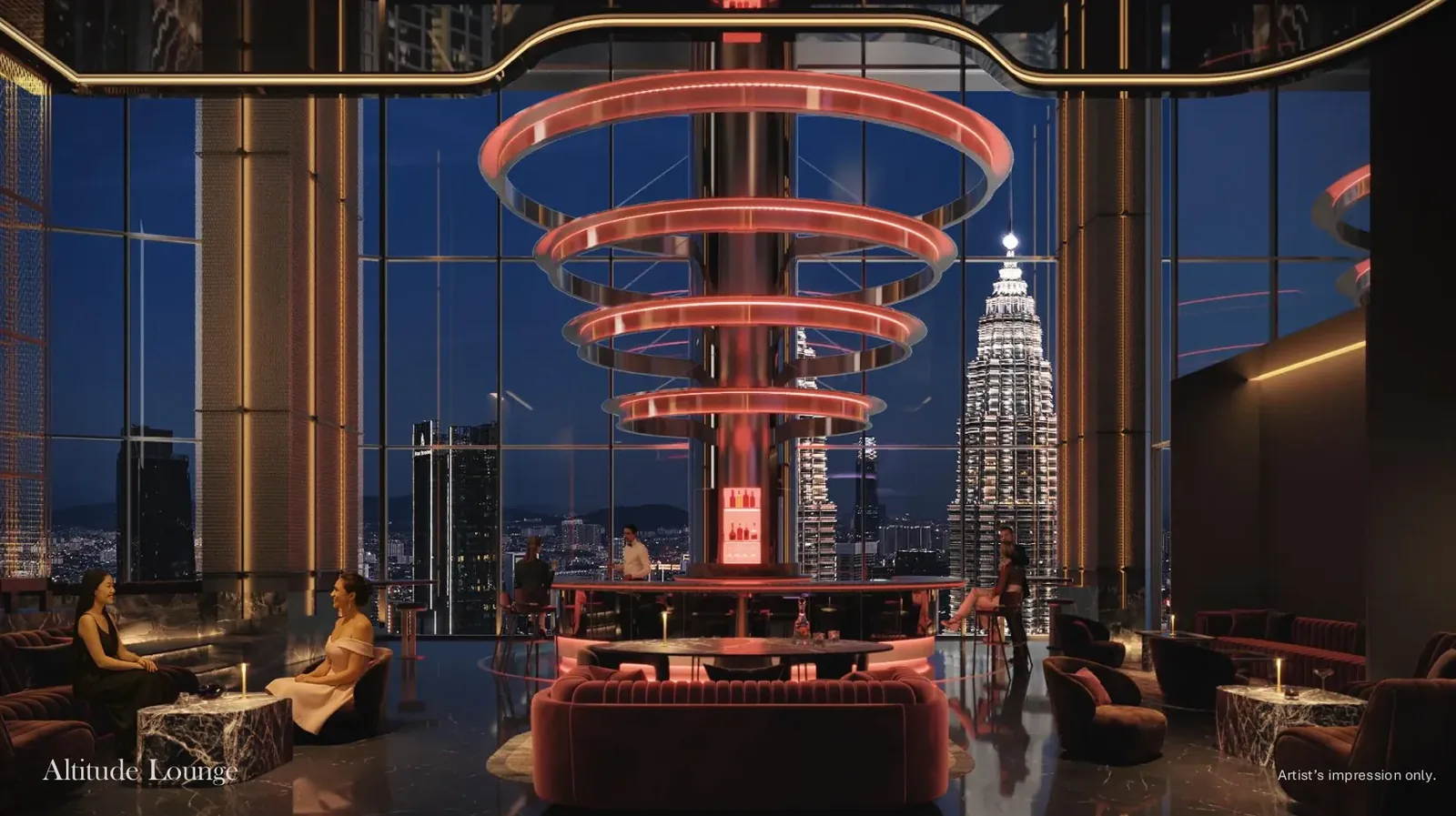 Divine KLCC altitude lounge overlooking the Twin Towers at night