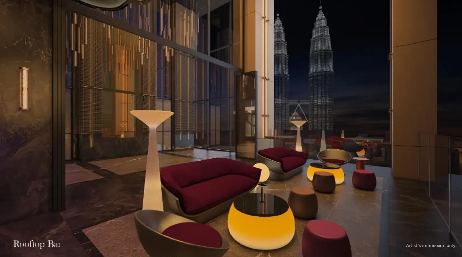 Divine KLCC rooftop bar overlooking the Petronas Twin Towers at night